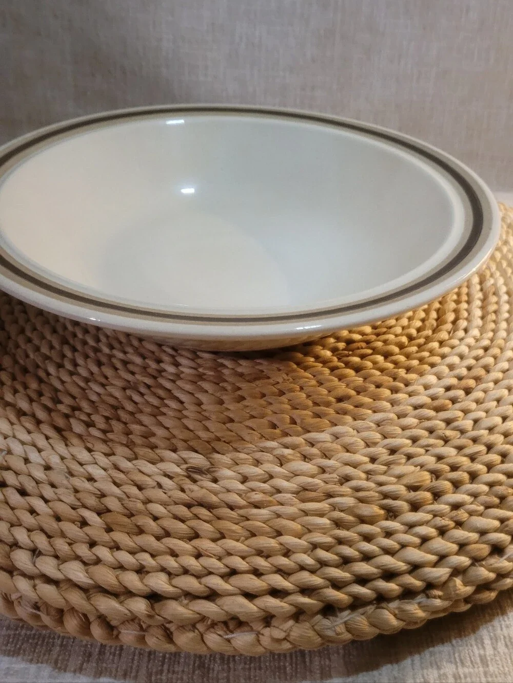 Classic White Stoneware Serving Bowl with Brown Rim. Vintage
